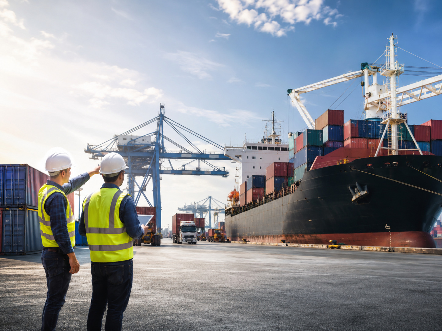 Photo of logistics and port operations supporting the trading and freight coordination theme